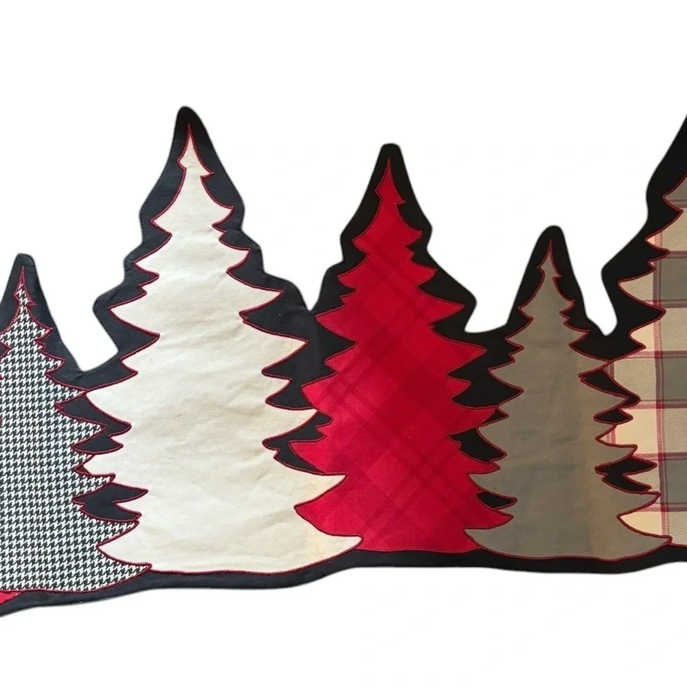 Winter Cut Out Pine Tree Table Runner Plaid Herringbone Printed  34”LX14”W Lined